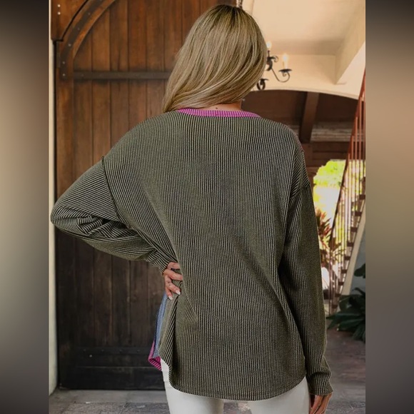 fuchsia navy textured bubble sleeve button bohemian tunic top shirt Henley - Picture 6 of 6